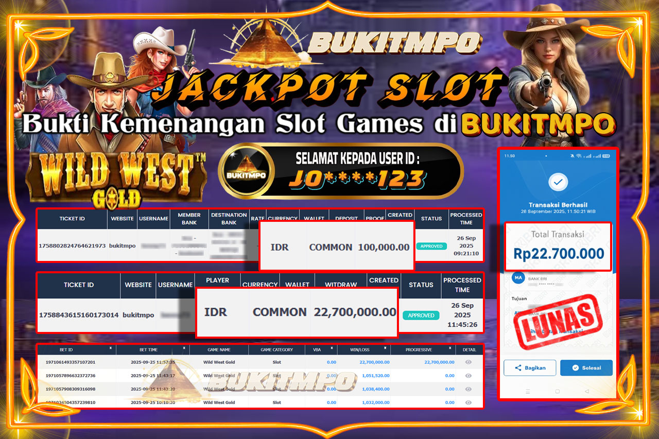 BUKITMPO JACKPOT WILD WEST GOLD - PRAGMATIC PLAY Rp.22.700.000,- LUNAS